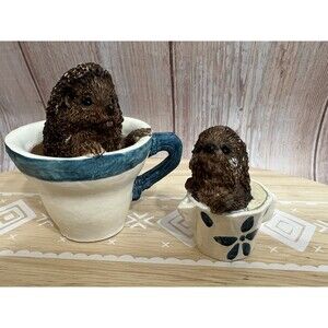 Pair Of Vintage 1994 Stone Critters Hedgehogs & Tea Cups See Pics & Details